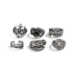Набір із 6 каблучок Готика, кажан і зірка Сріблястий